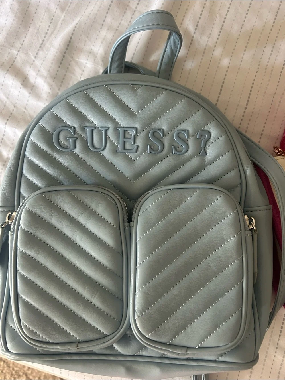 GUESS Light Blue Quilted Mini Backpack with Pink & White Logo Tote